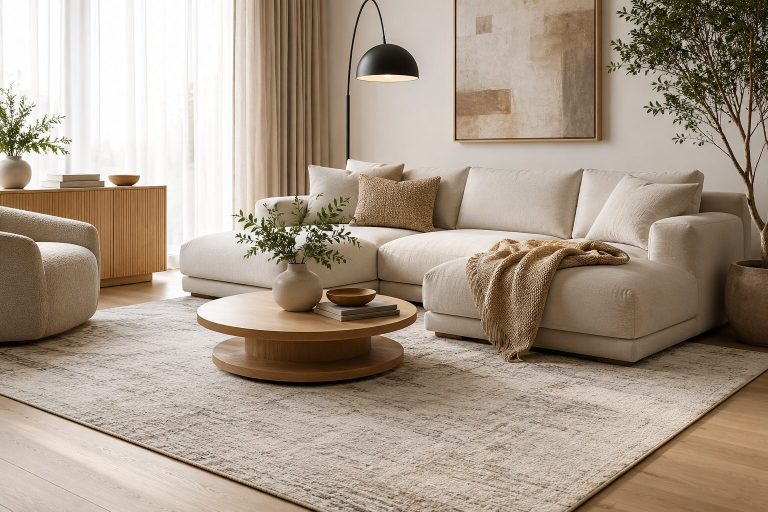 Moderný interiér obývačky s elegantným kobercom, ktorý dotvára útulnú atmosféru priestoru.